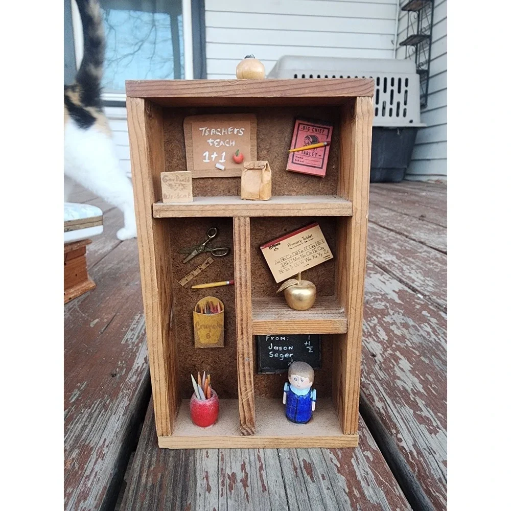 Vintage Small Wood Shadow Box Trinket Shelf & Themed Trinkets, Wall Mounted MCM